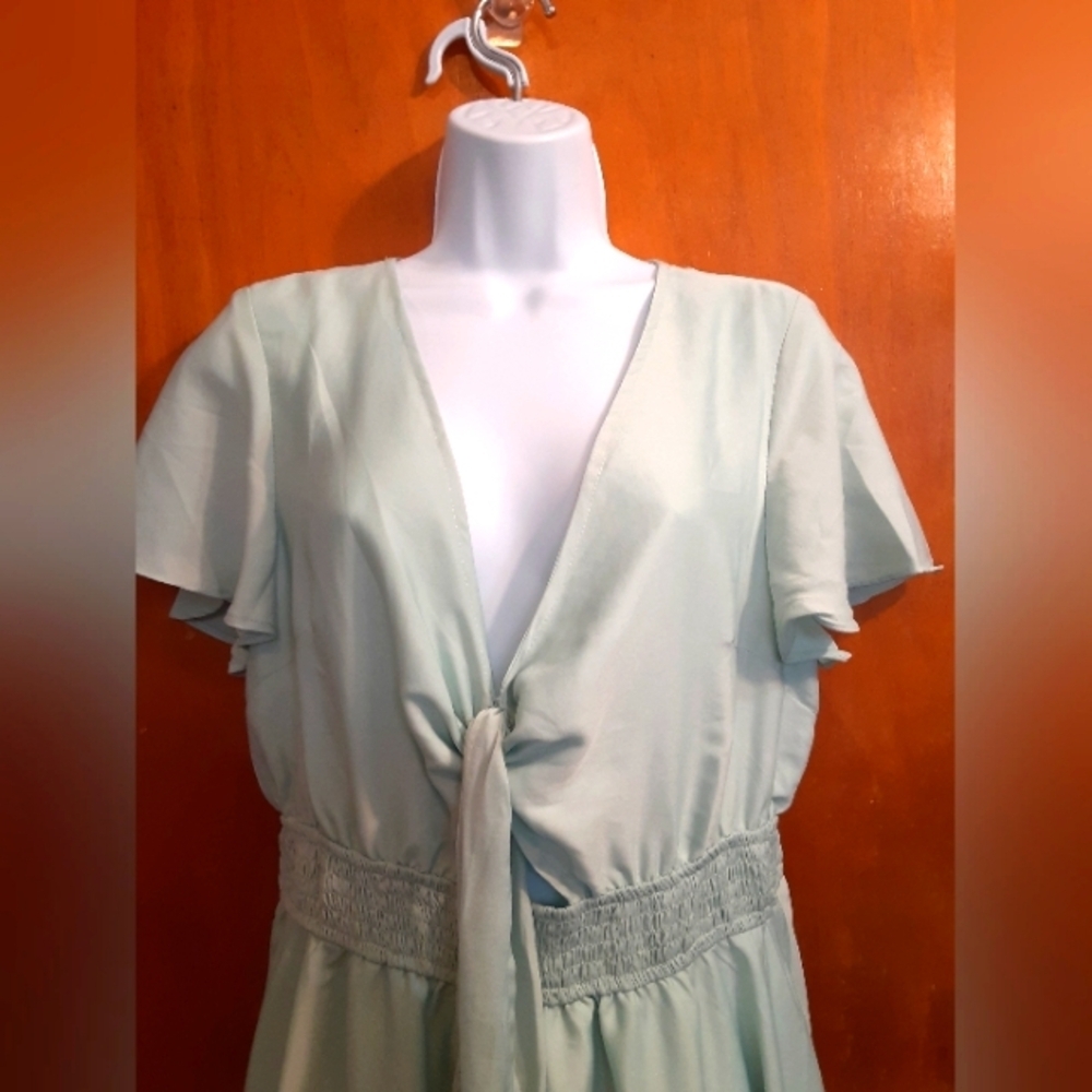 Zesica Women's Cottage Core Lagenlook Dress Size Large Flare And Tie Waist Aqua - Picture 8 of 8